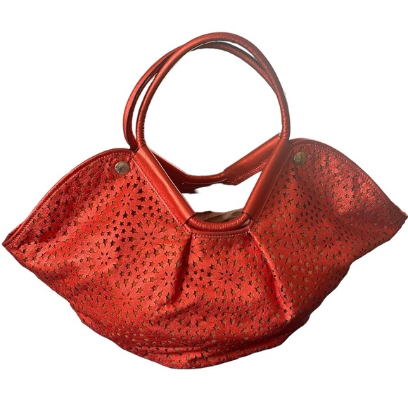 Jimmy Choo Leather Laser Cut Gold Tone Tote Shoulder Handbag Red with dust bag - Picture 2 of 10